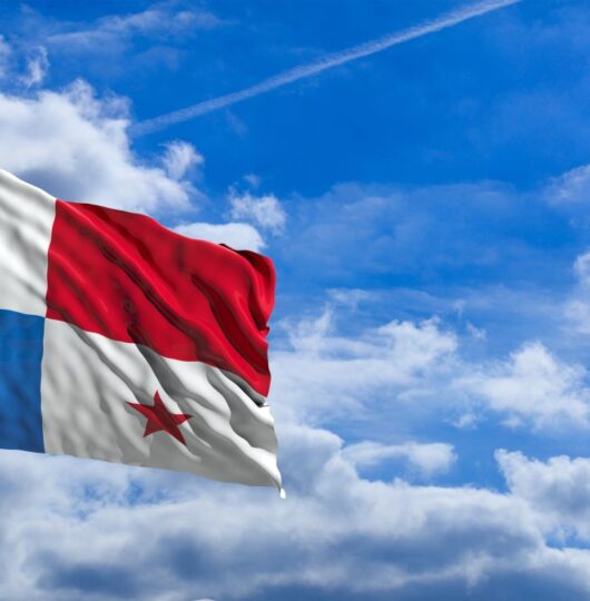 Panama waving flag on blue sky background. 3d illustration